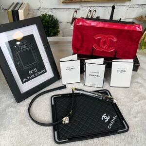 Chanel beauty red velvet cosmetic bag. 
Framed Chanel Card, Parfums GIFT SET